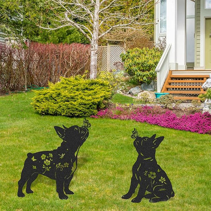 French Bulldog Garden Decor - 2 Pcs Metal Animal Statue Gifts Set for Dog Lover Black Yard Stakes Decorations with Butterfly Flower Silhouette Outdoor Sign Patio Lawn Pathway Art Ornaments