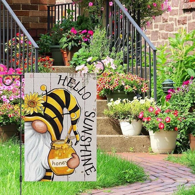 Heyfibro Hello Sunshine Summer Gnome Garden Flag 12x18 Double Sided Burlap Spring Sunflower Small Yard Banner for Rustic Seasonal Outside Outdoor House Decoration (ONLY FLAG)