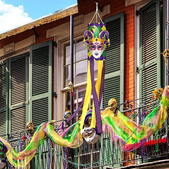 NOVWANG Mardi Gras Windsock, 40 Inch Wind Socks Mardi Gras Outdoor Decorations Purple Green Yellow Carnical Festive Flags for Yard Garden Home Party Hanging Decor