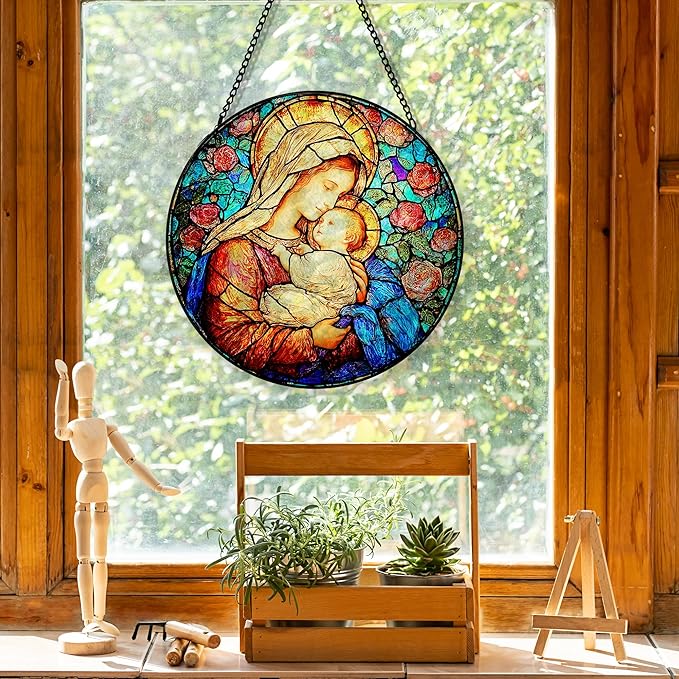 Virgin Mary Flower Suncatcher Stained Glass Window Hanging, Christian Our Lady of Grace Sun Catchers Indoor Window Glass Round Wall Decor, Catholic Rose Wall Art Hanging Decorations, ＂7.8x7.8＂