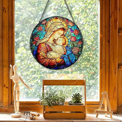 Virgin Mary Flower Suncatcher Stained Glass Window Hanging, Christian Our Lady of Grace Sun Catchers Indoor Window Glass Round Wall Decor, Catholic Rose Wall Art Hanging Decorations, ＂7.8x7.8＂