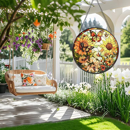 Sunflower Stained Glass Window Hanging,Flowers and Butterfly Sun Catcher for Door Terrace Garden Kitchen Home Decor,Suncatchers for Christmas Mother's Day Birthday Valentine's Day Festival Gift 6.3 in