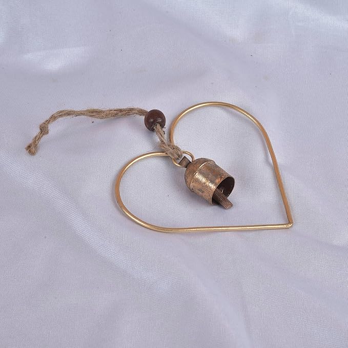 Rustic Heart Bell Wind Chime, Gold Bronze Metal, 5 x 5 inch Heart Frame with 1.5 inch Bell, Indoor Outdoor Decorative Hanging Ornament for Garden, Porch, Valentine's Day