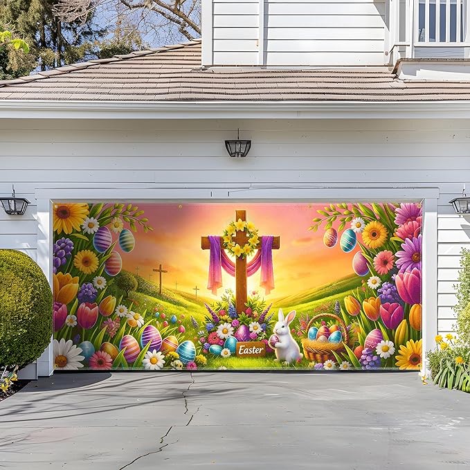 Easter Garage Door Banner 157.5x70.9in Large Spring Garage Door Cover Bunny Floral Outdoor Decorations for House Exterior Party Decor with Grommets Rope