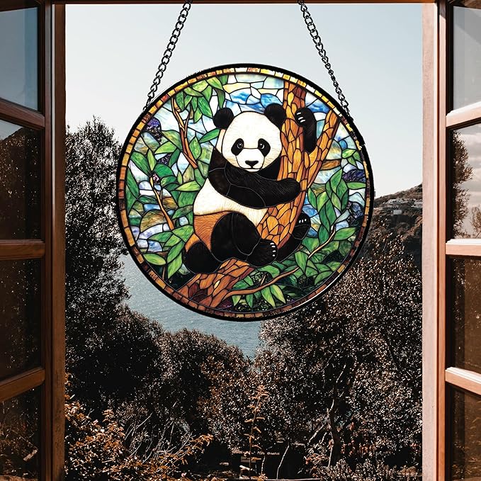 Stained Glass Window Hanging - Cute Panda Suncatcher for Doors Garden Patio Sun Catchers Decor Christmas Mother's Day Birthday Teenager Gifts for Women Men Mom Nana Friend 6.3 in
