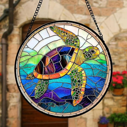 DASTOLL Stained Glass Window Hanging, Colored Turtle Ocean Suncatcher Diamond Glass Panel Hangings Marine Life Sun Catchers Decor for Birthday for Women, Men, Wife, Aunt, Mom 6.3 in