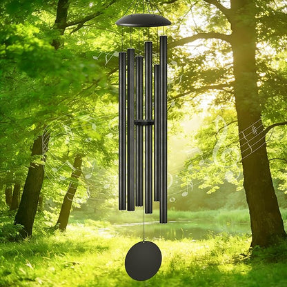 60" Extra Large Wind Chimes with Outside Deep Tone, 6 Thick and Bold Aluminum Tubes, Coolest Metal Windchimes Outdoors with Pine Wood Striker, Unique Gift for Mom, Garden Decoration(Black)