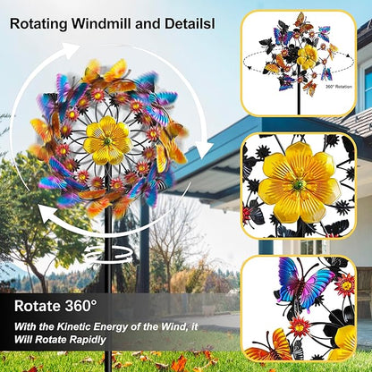 Double Blade Butterfly Wind Spinners, Outdoor Garden 360° Swivel Spinners 50 inch Garden Stakes Decor, Metal Flower Pinwheels for Yard and Lawn