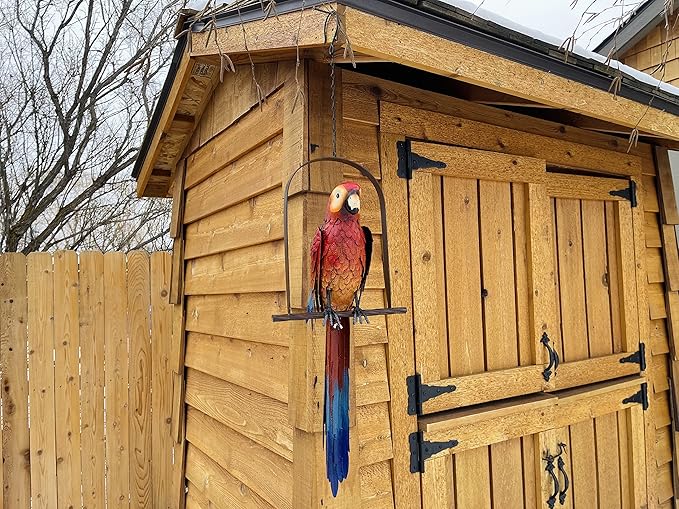 Hanging Whimsical Rustic Metal Swinging Macaw Parrot Tropical Bird On Chain Yard Garden Art, 10.75'' x 37''