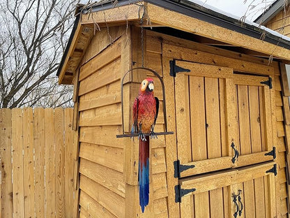Hanging Whimsical Rustic Metal Swinging Macaw Parrot Tropical Bird On Chain Yard Garden Art, 10.75'' x 37''