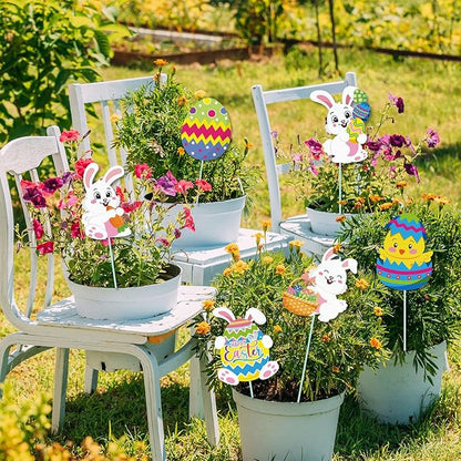 Cinrobiye 12Pcs Easter Planter Stakes Flower Pot Signs 5.9Inches Bunny Chick Jesus Egg Garden Stake Outdoor Lawn for Easter Party Patio Yard Outside Greetings Home Farmhouse Decor