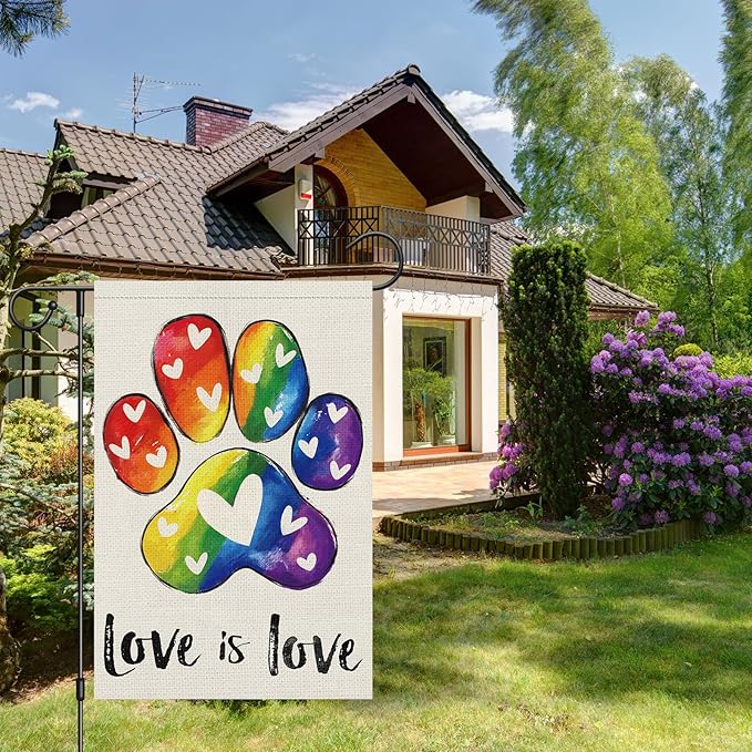 Heyfibro Love is Love Pride Garden Flag 12x18 Double Sided Burlap, Rainbow Footprints Gay Lesbian LGBT Pansexual Yard Banner for Pride Month Outdoor Decoration (ONLY FLAG)
