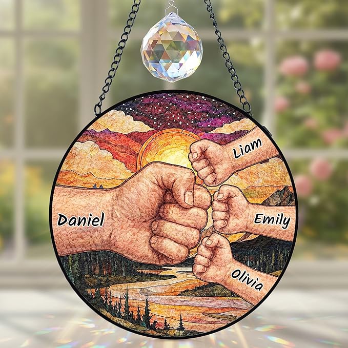 Personalized Fathers Day Birthday Gifts, Custom Stained Glass Windows Hanging with Kids Name, Suncatcher Ornament Decor Gift for Father Dad Grandpa