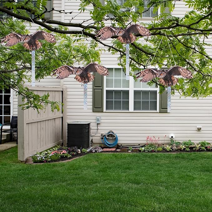 4Pack Fake Owls Double-Sided Owl Reflectors Fake Hawk, Reflective Hanging Owl Decoration, Flat Barn Swallow Deterrent Hawk with Reflective Tape for Indoor Outdoor Garden,Yard