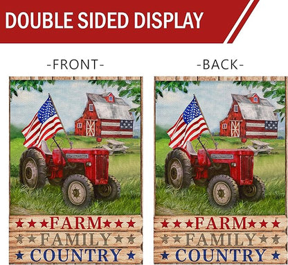 Furiaz Farm Family Country Barn Tractor July 4th American Patriotic Garden Flag, USA America Memorial Day Yard Decorative Home Outside Decoration, Spring Summer Farmhouse Outdoor Small Decor 12x18