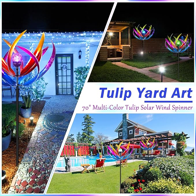 Wind Spinners Outdoor for Yard and Garden - Wind Sculptures & Spinners - 70 Inch Wind Spinner with Solar Powered Multi-Color Glass Ball Light for Yard Garden Backyard Lawn Decorations -Purple and Blue