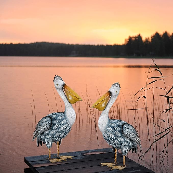 TERESA'S COLLECTIONS 42 inch Glass Blue Heron Solar Stake Light + Metal Pelican Statue for Garden Decor, Decorative Bird Art Sculpture Ornaments for Patio Lawn Backyard Outdoor Decorations