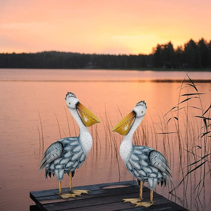 TERESA'S COLLECTIONS 42 inch Glass Blue Heron Solar Stake Light + Metal Pelican Statue for Garden Decor, Decorative Bird Art Sculpture Ornaments for Patio Lawn Backyard Outdoor Decorations