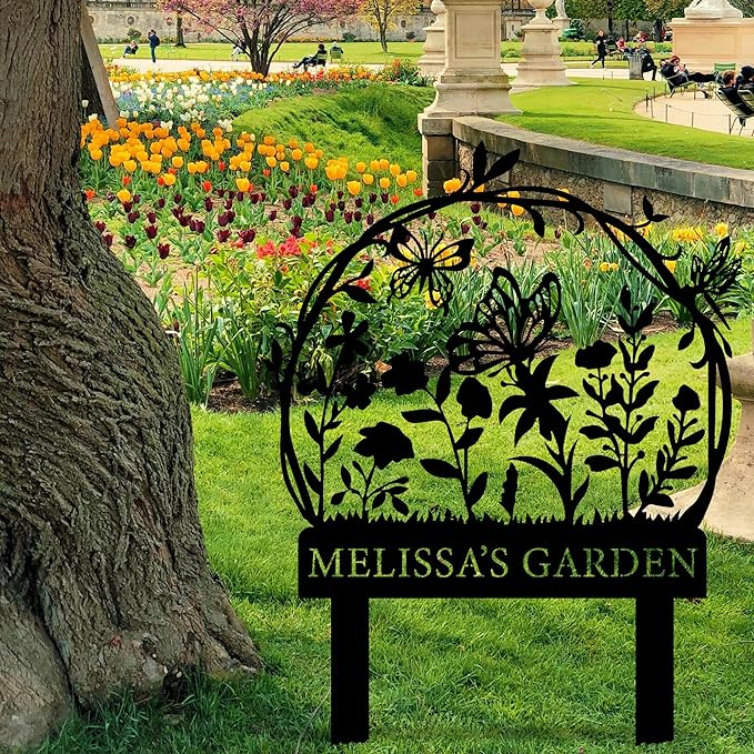 Personalized Garden Sign with Flower Design Custom Stake Butterfly Customized Gardening Gift Farmhouse Decor for Outside Gardening Decorative Gifts Gardeners Backyard Art Yard Outdoor Lawn Patio Path Black Large Camping Housewarming Mom Grandmother