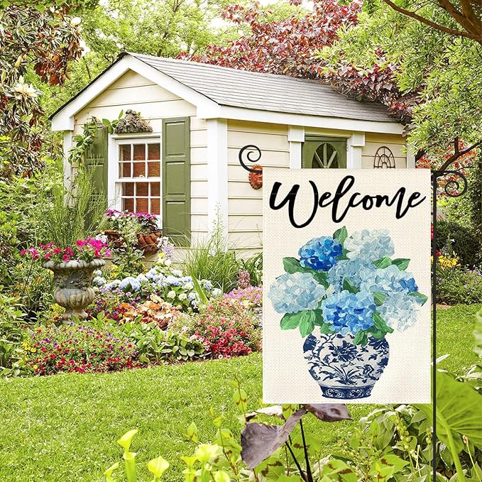 AVOIN colorlife Spring Hydrangea Floral Welcome Garden Flag 12x18 Inch Double Sided Outside, Blue and White Chinoiserie Seasonal Yard Outdoor Flag