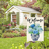 AVOIN colorlife Spring Hydrangea Floral Welcome Garden Flag 12x18 Inch Double Sided Outside, Blue and White Chinoiserie Seasonal Yard Outdoor Flag