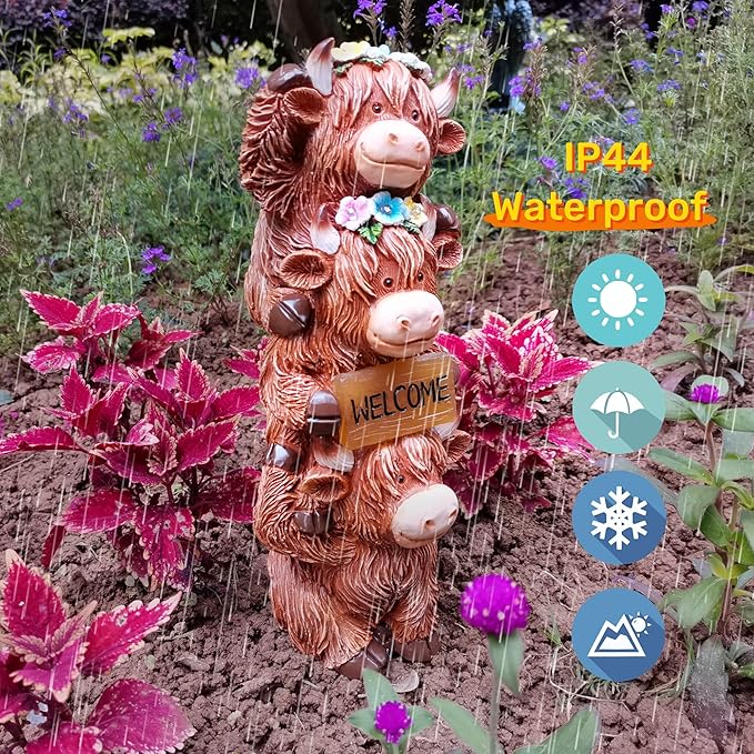 12 Inch Highland Cow Statue Solar Outdoor Decor for Yard Patio Front Door, Farmhouse Porch Decoration Animal Cattle with Led Welcome Sign Flowers Light, Home Ornaments for Outside, Mom's Gifts