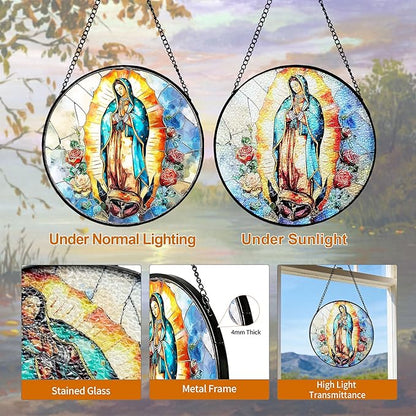7.88'' Virgin Mary Stained Glass Window Hanging,Christian Mary Suncatchers Stained Glass Hanging with Hook Chain for Window, Sun Catchers Home Decor for Mother's Day for Women, Men, Wife, Aunt, Mom