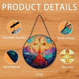 Christian Cross Suncatcher Stained Glass Window Hanging, Christian Sunset Landscape Sun Catchers Indoor Window Glass Round Wall Decor, Religious Cross Wall Art Hanging Decorations, ＂7.8x7.8＂
