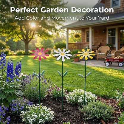 Flower Garden Stake Decor, Outdoor Plant Pick Water Proof Metal Sunflower Daisy Stick for Lawn Yard Patio, Pathway Ornament, Set of 3