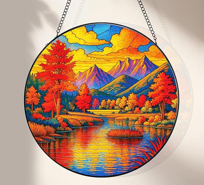 Stained Glass Window Hanging, Autumn Sun Catchers Stained Glass Panels for Indoor Windows Wall Art Decor, Birthday Gift for Mom Women Wife Men Lovers (7.87inch)
