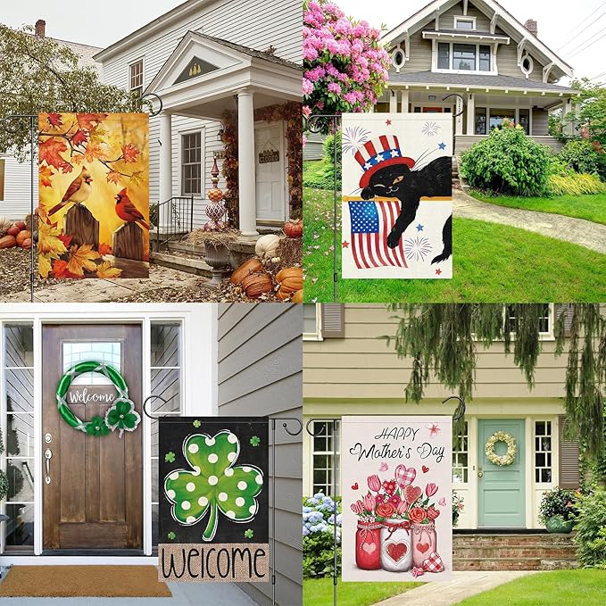 Louise Maelys All Season Holiday Garden Flag Set of 12 Seasonal 12x18 Inch Double Sided Welcome Small Burlap with Anti-Wind Clip and Stopper Spring Fall Winter Yard Decor Outdoor Outside House Sign