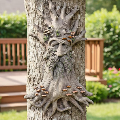 12" Real Tree Face Hugger Statue, Garden Trees Tree Huggers Decor with Mushroom Foliage Features, Outdoor Fairy Elve Accent Yard Art, Halloween Trees Decorations Outdoor Wall Mounted Statue