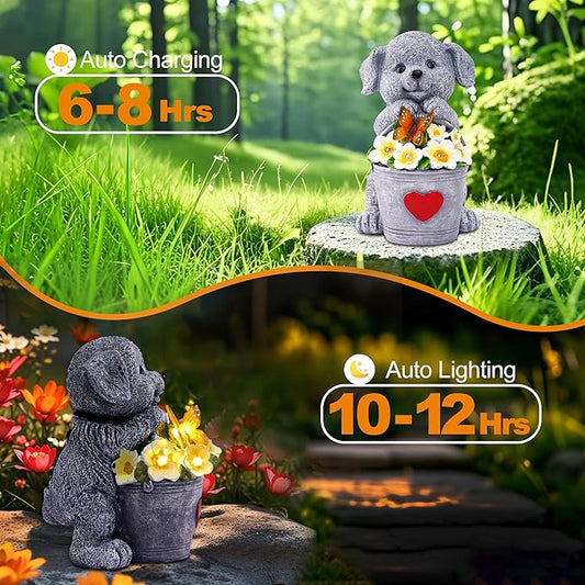 OTAVILEM Solar Garden Decor Dog Statue,Outdoor Dog Figurines with Bucket for Patio, Balcony, Backyard,Lawn Ornaments and Yard Decorations - Unique Gifts for Women, Mom,Grandma