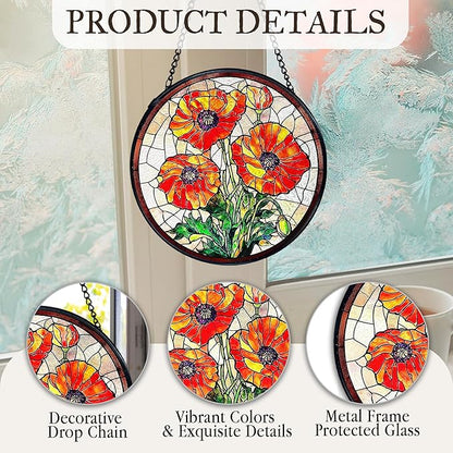 kdqua Poppy Flower Suncatcher Stained Glass Window Hanging, Poppy Flower Gifts Sun Catchers Indoor Window Glass Round Wall Decor, Orange Floral Wall Art Hanging Decorations Statues, 7.9x7.9in