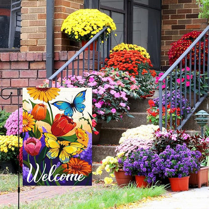 Louise Maelys Welcome Spring Floral Garden Flag 12x18 Double Sided, Burlap Small Vertical Summer Butterfly for Yard Seasonal Outside Outdoor House Decoration