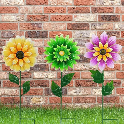 3 Pack Metal Flower Wind Spinners, Kinetic Garden Stakes with H-Base, Colorful 3D Floral Windmills for Yard, Patio, Lawn, and Pathway Decor (Yellow, Green, Purple)