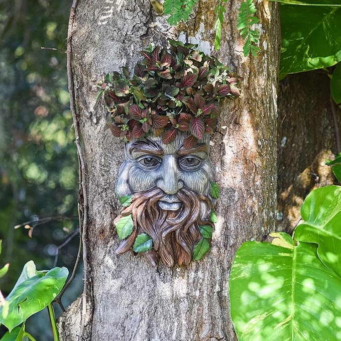 Arcadia Garden Products Large Whimsical Tree Face Planter, 7.5"x11.8", Outdoor Tree Hugger, Man Spirit Sculpture for Garden Art Decor, Birdfeeder, Hangs on Trees, Fences or Walls, Hawthorn