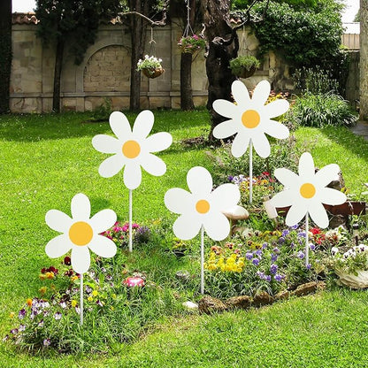5 Pcs Metal Spring Yard Decorations Outdoor Daisy Flowers Yard Signs with Stakes Cute White Daisy Decorative Lawn Signs for Indoor Outdoor Garden Pathway Walkway Spring Holiday Party Decor