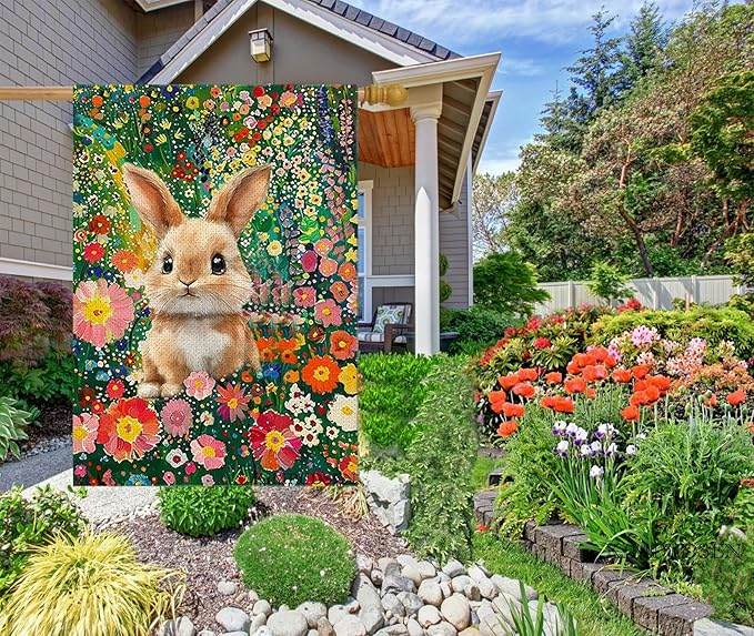 Easter Bunny House Flag 28x40 Double Sided, Colorful Floral Flowers Burlap Large Garden Yard Flag for Farmhouse Holiday Outside Spring Summer Decoration