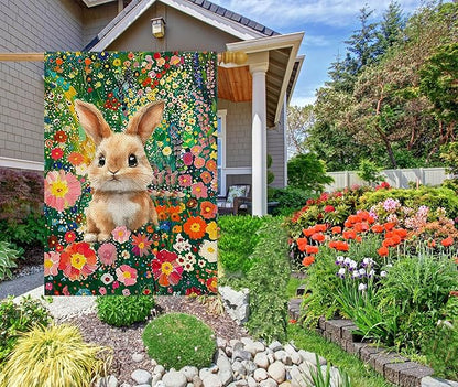 Easter Bunny House Flag 28x40 Double Sided, Colorful Floral Flowers Burlap Large Garden Yard Flag for Farmhouse Holiday Outside Spring Summer Decoration