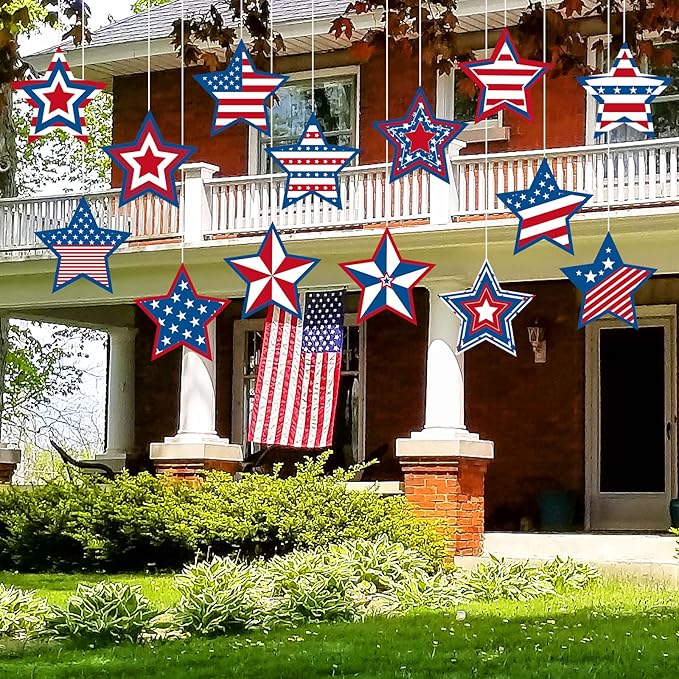 Ferraycle 16 Pcs 4th of July Decorations Outdoor Patriotic Tree Ornaments Memorial Day Hanging Ornaments Large Red White Blue Star Double Sided Plastic Slice for Tree Yard Porch Independence Day Decor