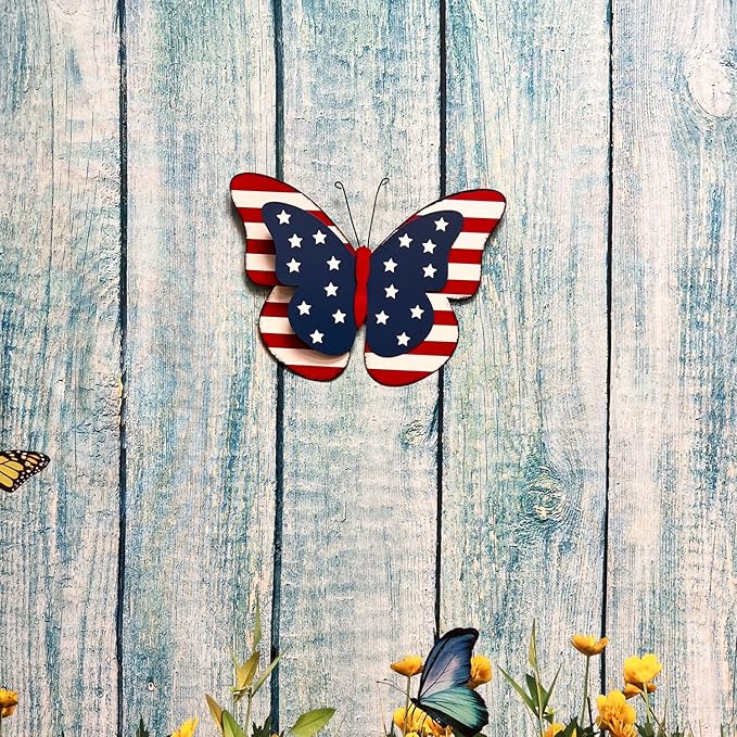 Rustic Metal Americana Butterfly Patriotic Wall Decor American Flag Hanging Ornaments 4th July Garden Yard Signs Independence Day Indoor Outdoor Wall Decoration