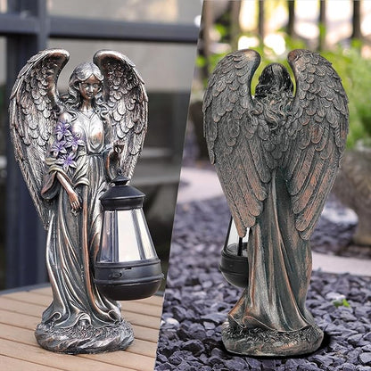 VChymm Solar Angel Outdoor Garden Decor Statues – 13.2 inches Solar Outdoor Sculptures for Outside Yard Art Patio Balcony Front Lawn Ornaments Gifts for Mom Grandma Women（Bronze）
