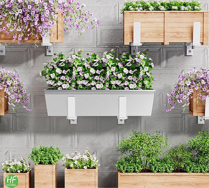 HFHOME 2 PCS Adjustable Planter Box Brackets (6 to 12.5 in), Universal Window Box Brackets, Heavy Duty Metal Flower Box Wall Mounting Hooks for Balcony, Fences, Patio, and Garden - White