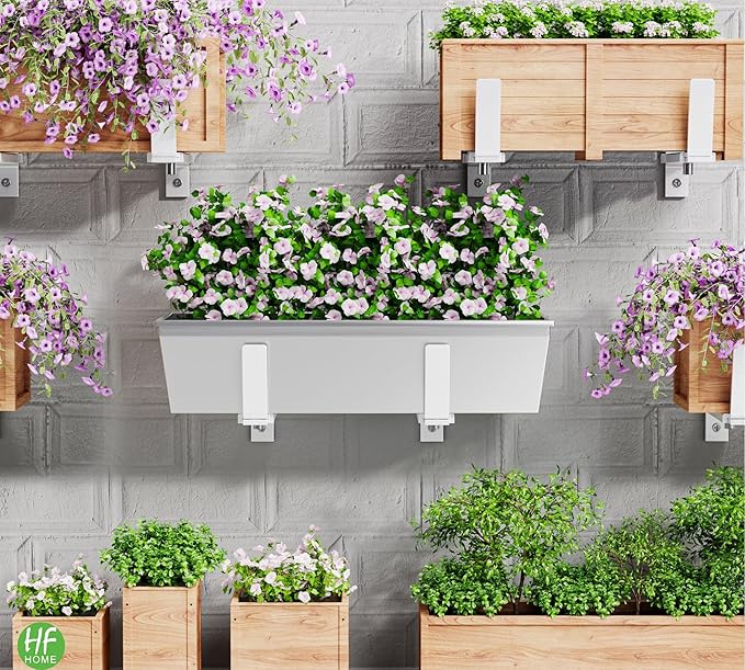 HFHOME 6 PCS Adjustable Planter Box Brackets (6 to 12.5 in), Universal Window Box Brackets, Heavy Duty Metal Flower Box Wall Mounting Hooks for Balcony, Fences, Patio, and Garden - White