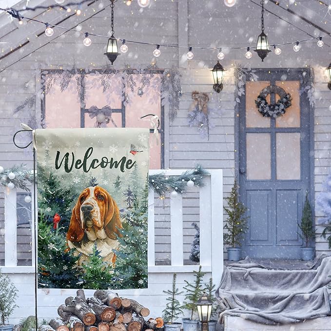Welcome Winter Garden Flags Basset Hound Garden Flag Cardinal Birds on Snowy Pine Tree Flag Dog Yard Flags for Outside 12x18 Double Sided Christmas Decorative