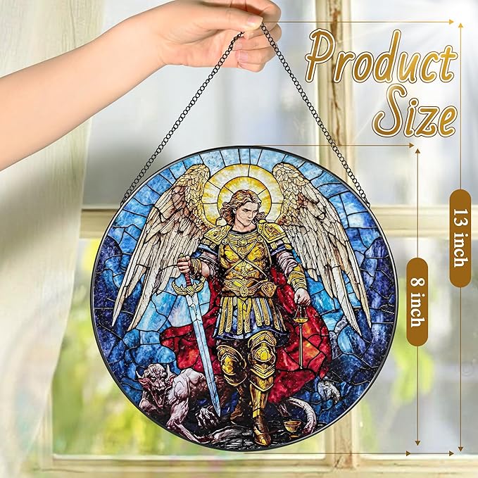Stained Glass Suncatcher, Archangel Michael Sun Catcher Ornament; Stained Glass Window Hanging, Spiritual Protection Decor, Christmas Ornament; Christian Gifts, Religious Gifts