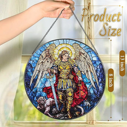 Stained Glass Suncatcher, Archangel Michael Sun Catcher Ornament; Stained Glass Window Hanging, Spiritual Protection Decor, Christmas Ornament; Christian Gifts, Religious Gifts