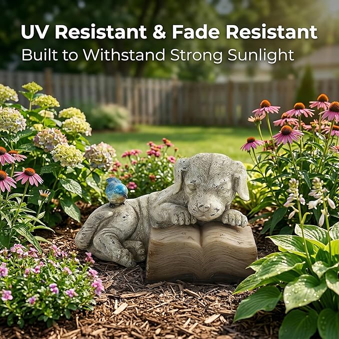 Topadorn Resin Dog Statue Solar Power Outdoor Statuary Cute Puppy for Garden Decoration, Dog Read a Book