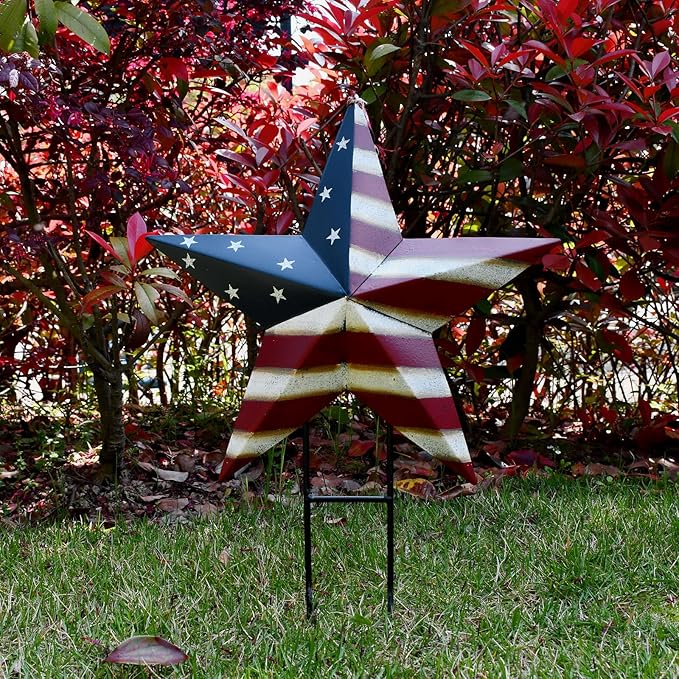 Linfevisi American Flag Star Yard Signs 17.3 Inch 2 Pack of Metal Patriotic Barn Stars Garden Stakes US Flag Outdoor 4th of July Decorations Memorial Day Yard Art Lawn Ornaments Patio for Outside
